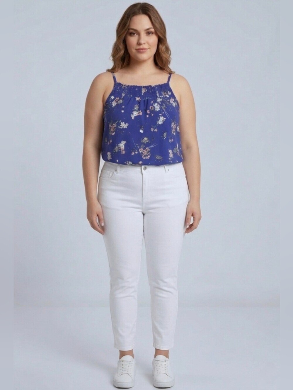 Ricki's Coquette Cami Tank Top XL Blue Floral Smocked Neck Cottagecore Romantic